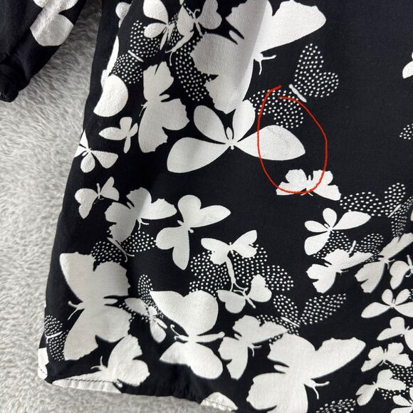 Talbots Top Womens L Black Butterfly Smocked Scoop Neck 3/4 Sleeves Elastic Cuff - Picture 15 of 15